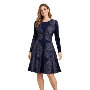 Elegant Navy Blue Velvet Burnout Baroque Scroll Silhouette Cocktail Dress Chic